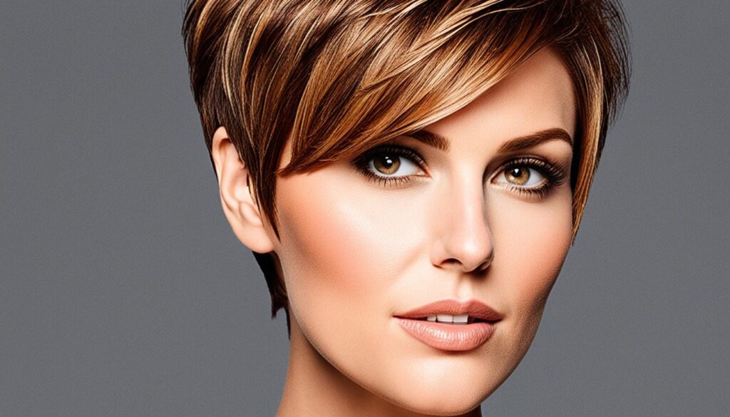 pixie cut with caramel hair highlights
