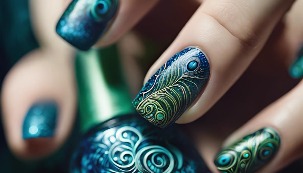 colorful peacock nail design