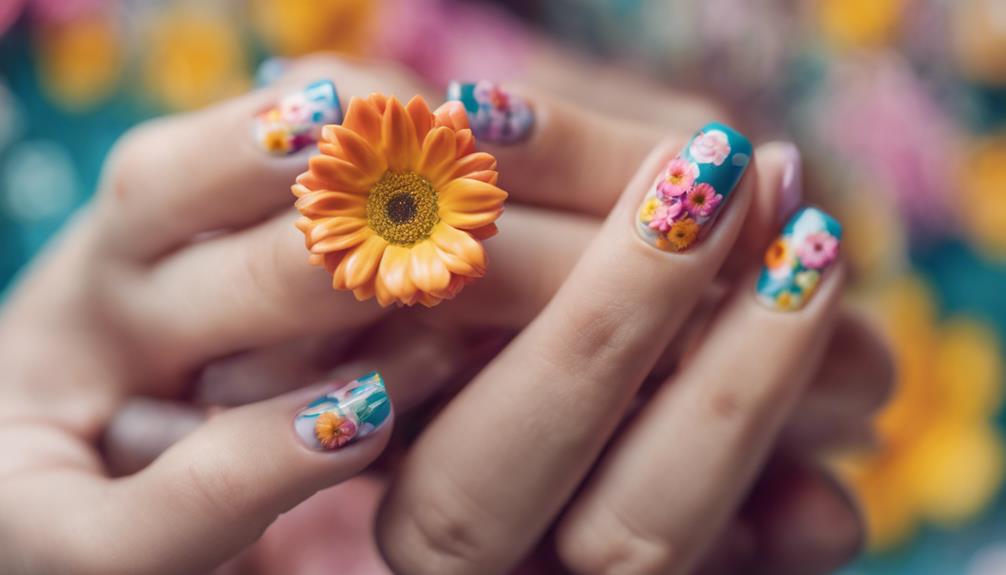 creative and intricate nail art featuring colorful flowers