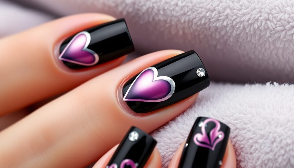 chic black heart nail art