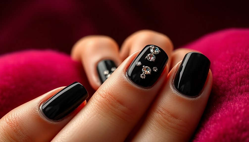 dramatic black rhinestone nails