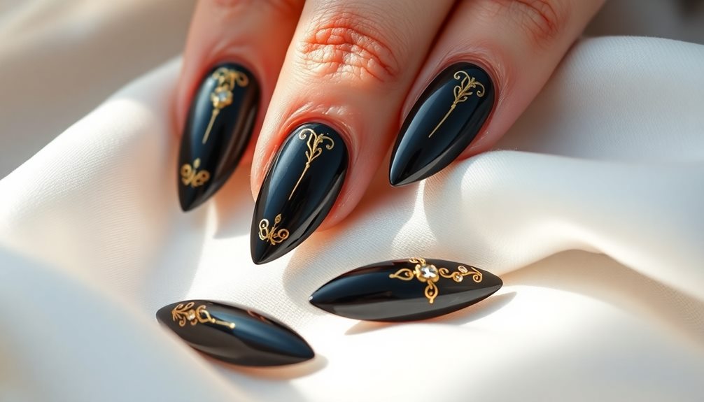 sleek black almond nails