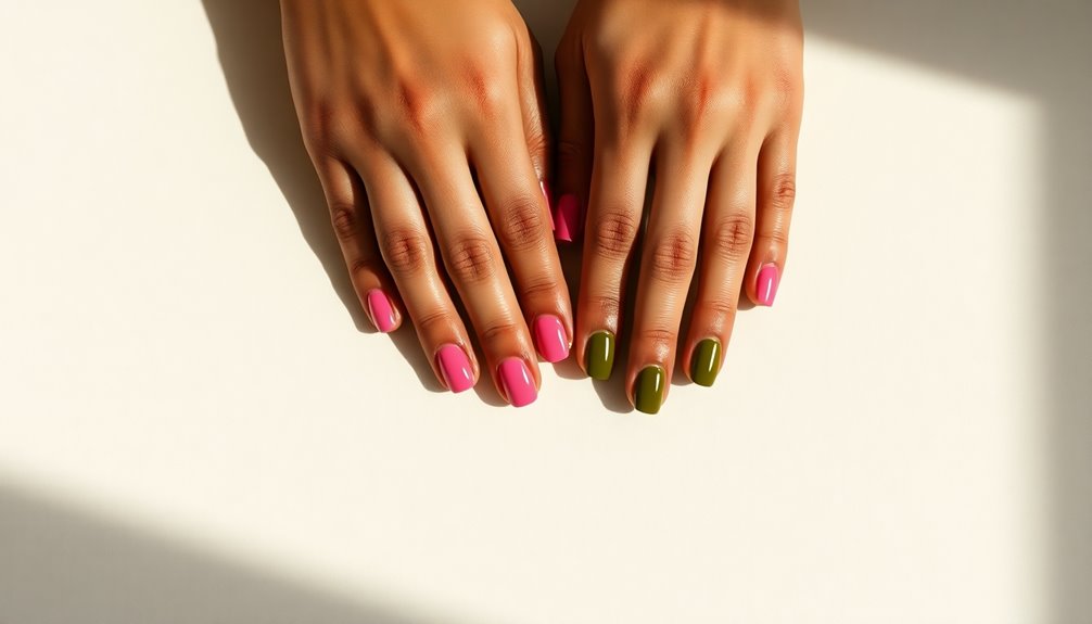 unique pink olive green nails